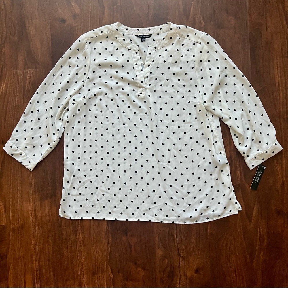ZAC & RACHEL Women White Polka Dots V-Neck Blouse 3/4 Sleeve W/Button Sz XL NWT